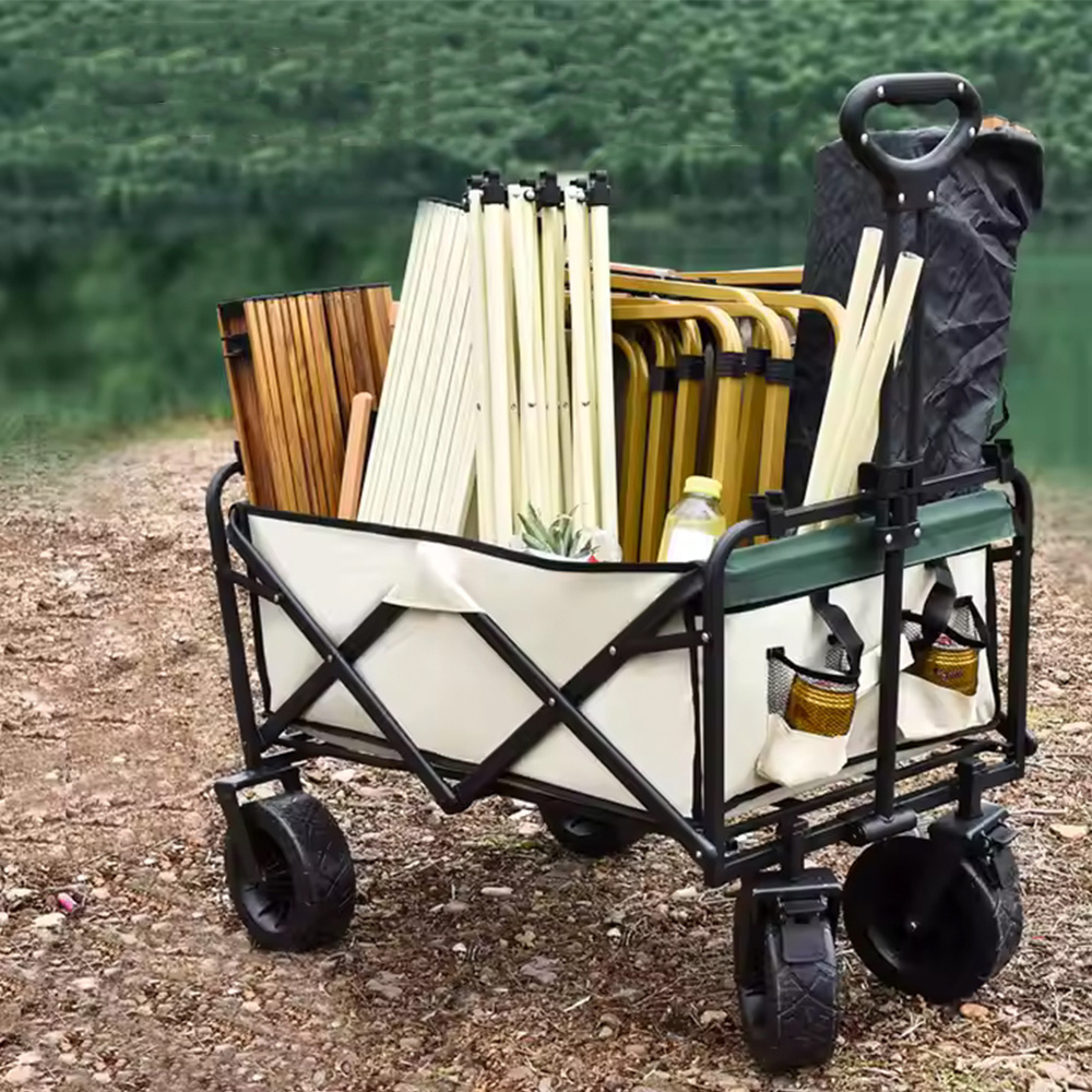 (150L) Faltbarer Leiterwagen Outdoor Bollerwagen Transporthilfe für Camping   Festivals - Beige / Grün