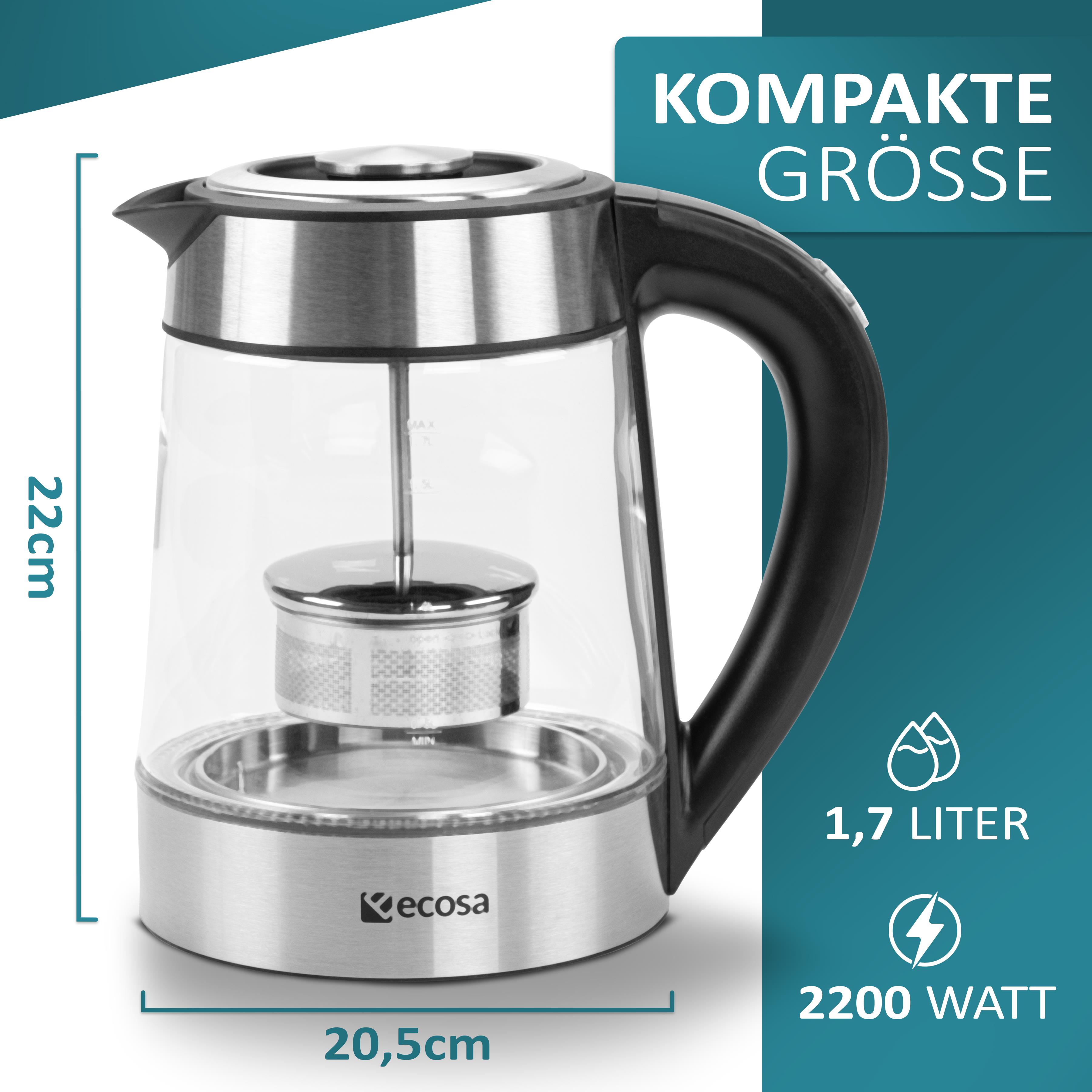 Ecosa Glas Wasserkocher m. Temperatureinstellung Teefilter LED 1.7L