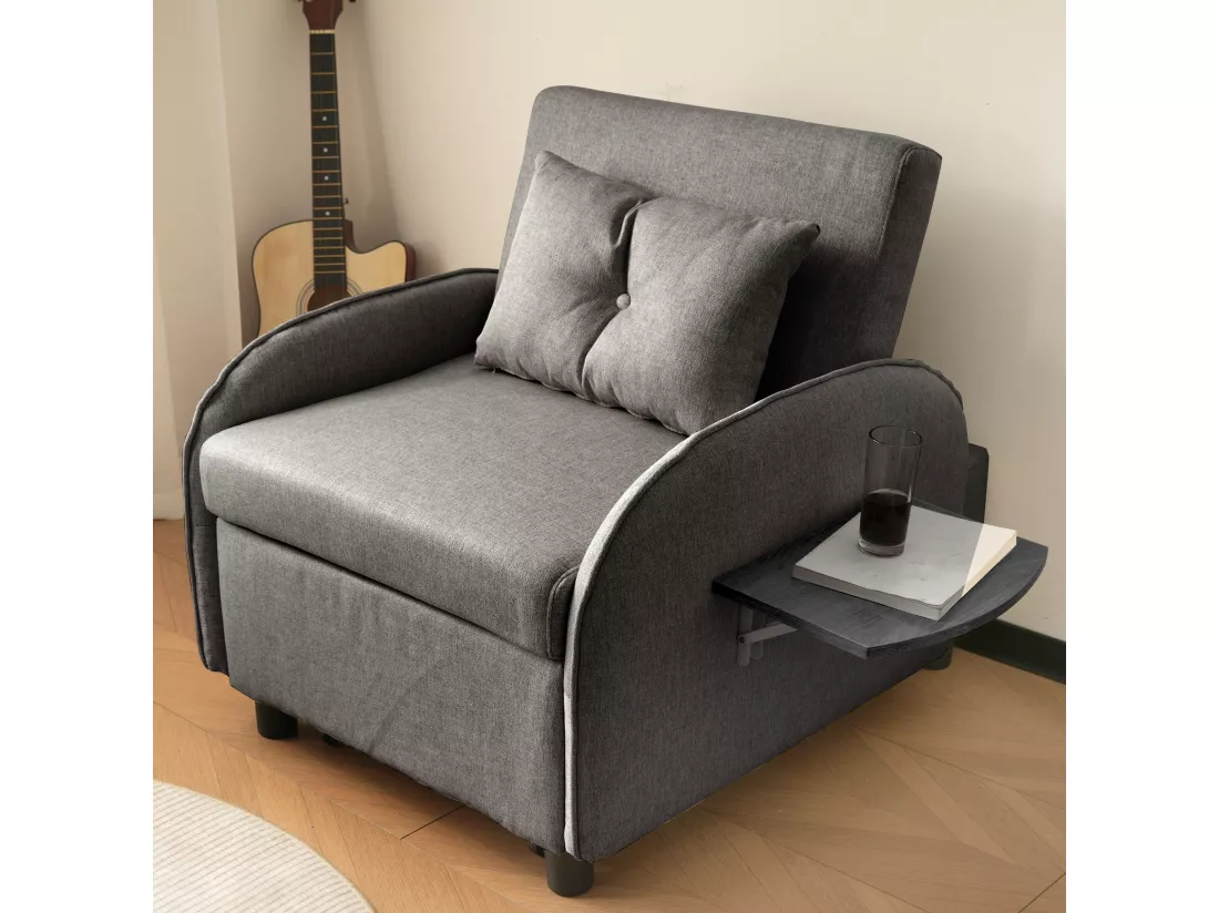 Fauteuil escamotable en lin - avec tables d'appoint pliantes - Gris