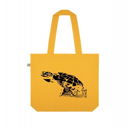 Bolsa de tecido com estampa de tartaruga amarela, em formato de totem de animal.