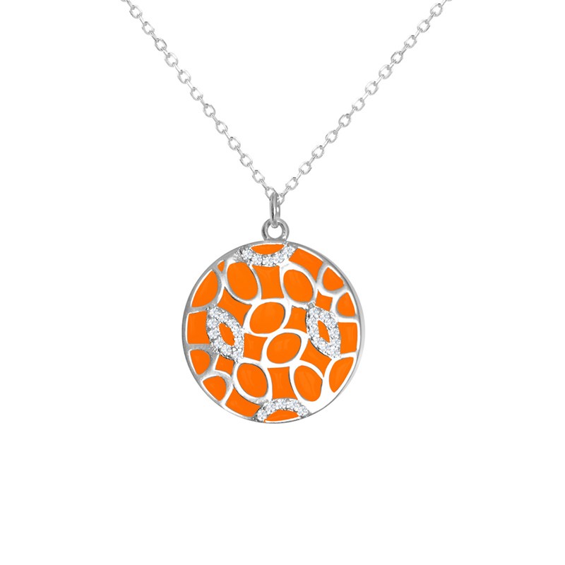 Collier en argent rhodié avec émail orange et oxydes de zirconium