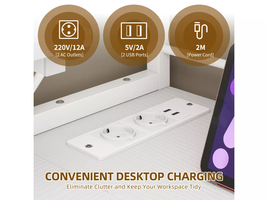 YITAHOME Bureau avec Étagère - LED - Bureau avec 2 Prises et 2 Ports de Charge USB - Table avec support d'écran -106cm - Blanc