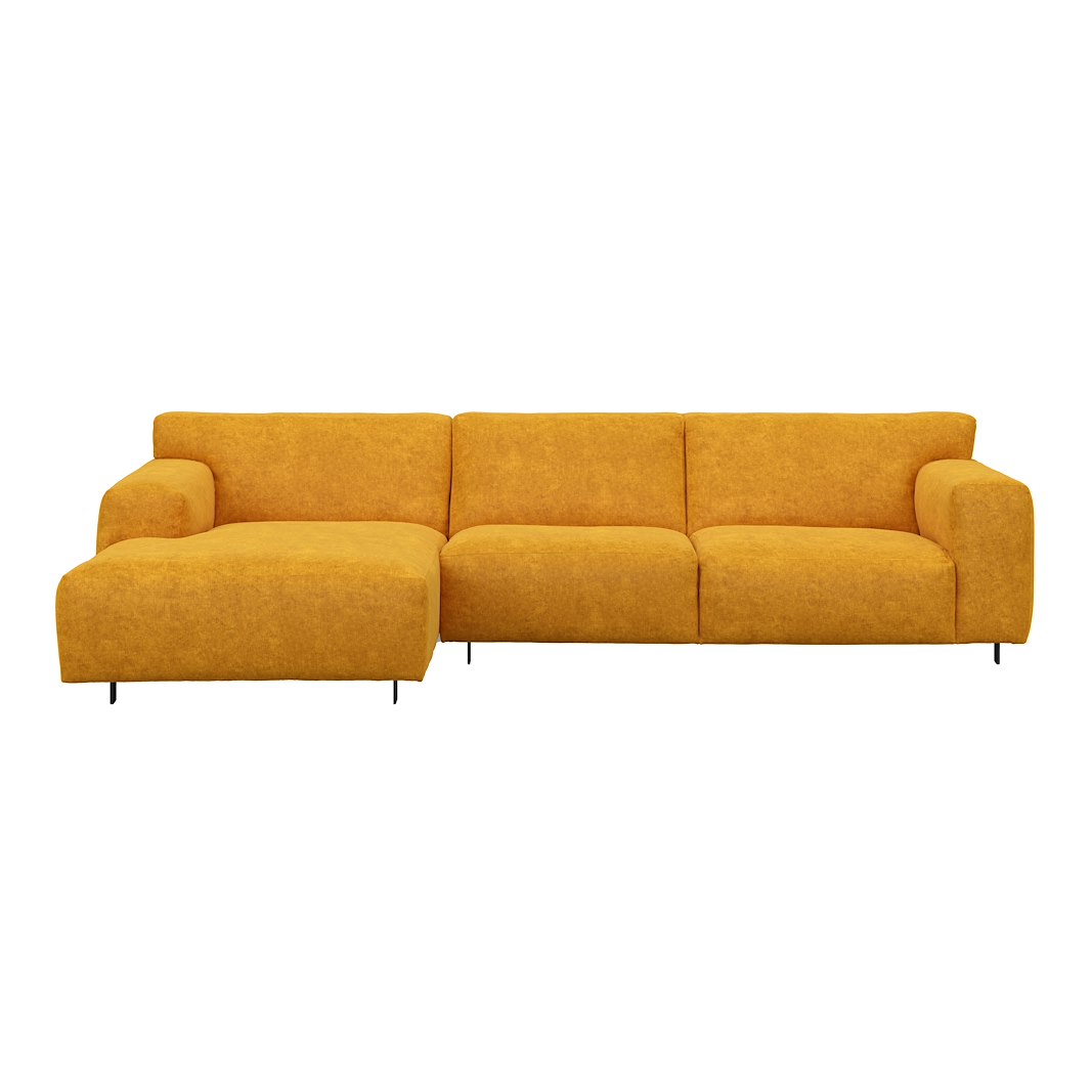 Vesta 2,5-seter med sjeselong venstre I Tekstil Eros Mustard, standardsøm, sort metallben 10 cm, Comfort CM