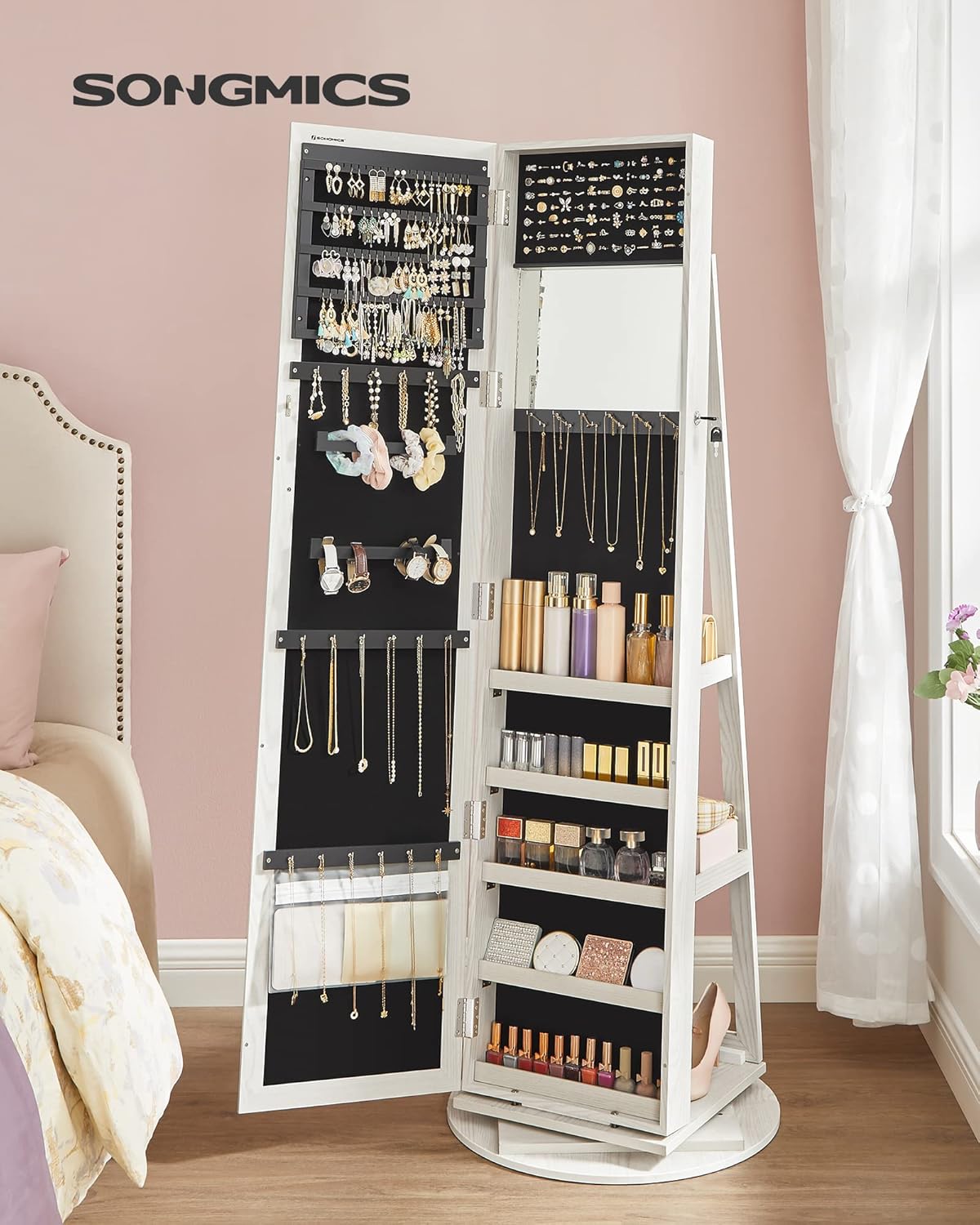SONGMICS Schmuckschrank, Standspiegel, Spiegelschrank, mit Ganzkörperspiegel, um 360° drehbar, Schmuckaufbewahrung, abschließbar, mit Schlüsseln, Geschenkidee, weiß mit Grauer Holzmaserung JBC62W