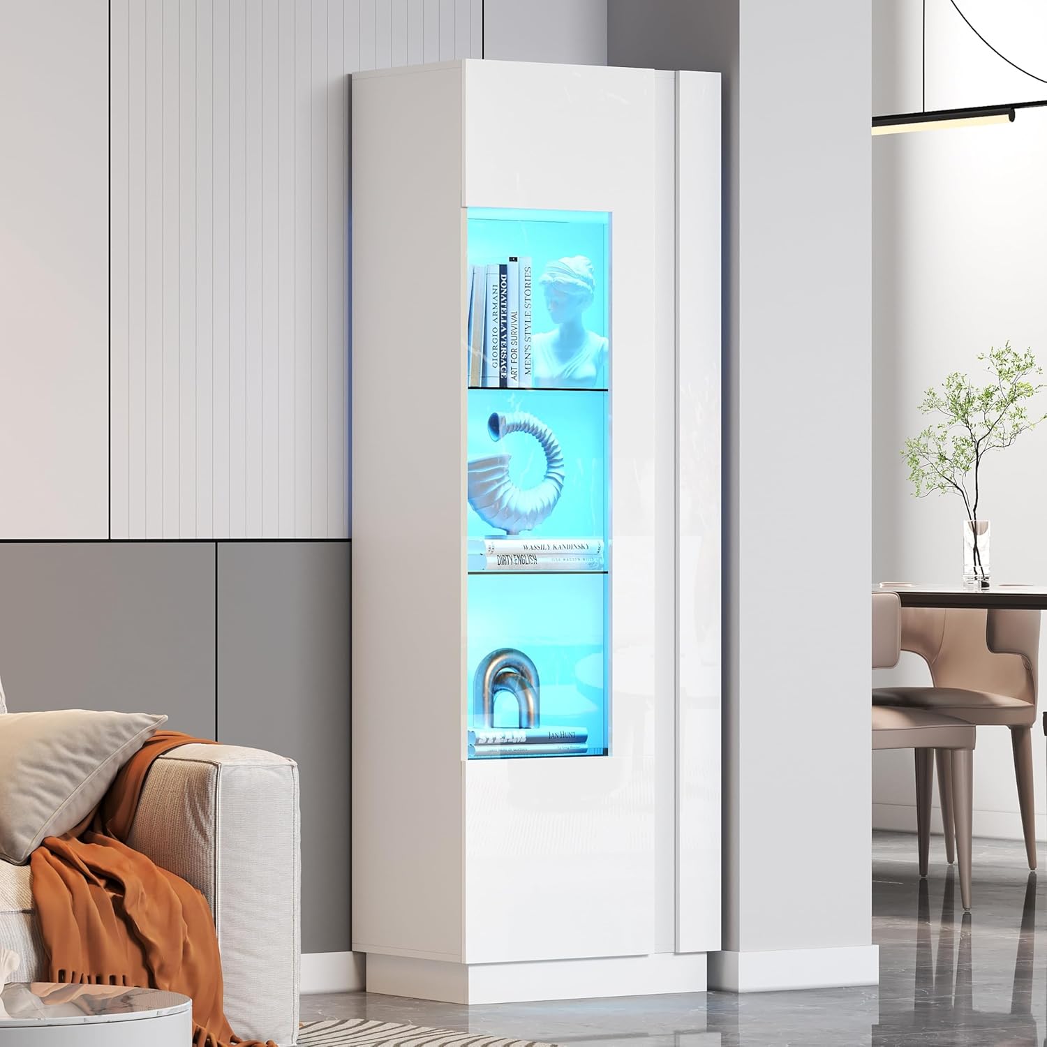 Merax Vitrinenschrank Transparente Vitrine mit LED-Beleuchtung, Hochschrank Hochglanz Weiß mit Acryltür, 3 Glasboden, 2 Staufach, Sammlervitrine Bücherregal Standvitrine für Wohnzimmer Büro, 180cm