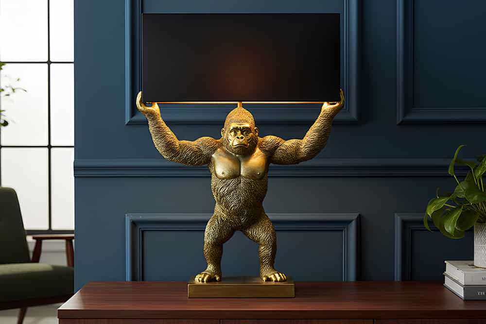 Handgefertigte Tischlampe KING APE 70cm schwarz gold Stoffschirm Affen-Skulptur