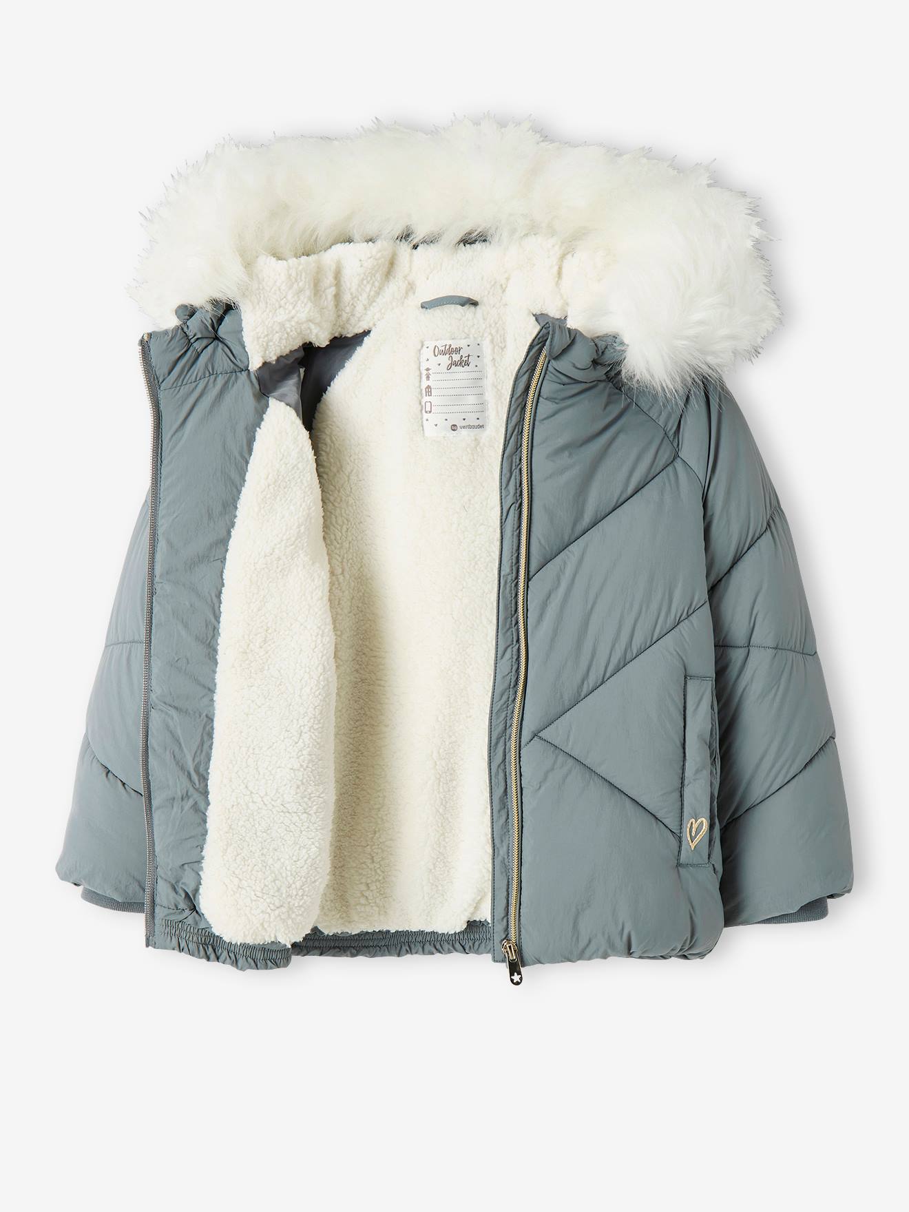 Jaqueta curta acolchoada com capuz e forro de sherpa, verde-escura lisa com estampas, para meninas.