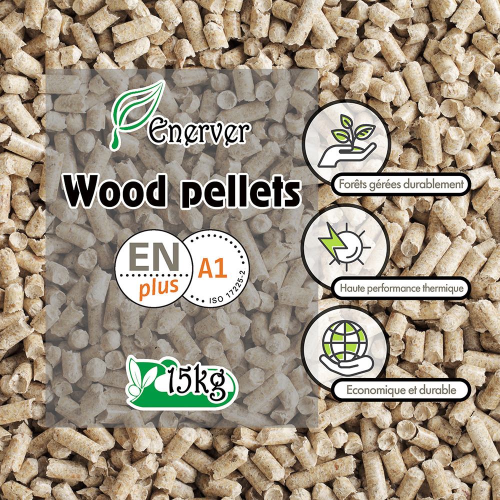 Wood pellets - granulés de bois 40 sacs 15 kg - haute qualité et haute performance technique - combustion propre et ecologique -
