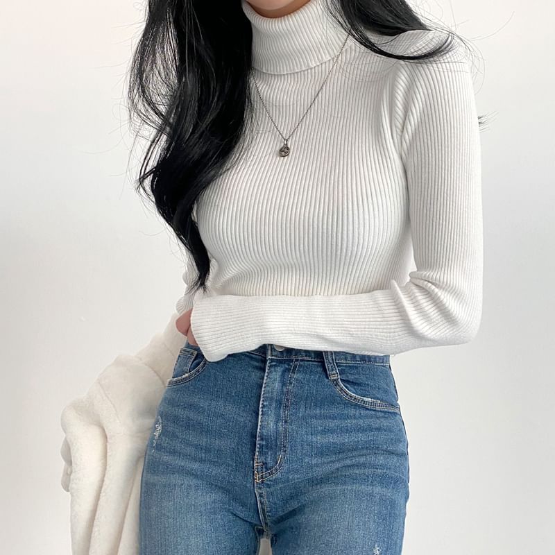 MIKIGA - Lange mouwen coltrui effen geribbelde slim fit gebreide top