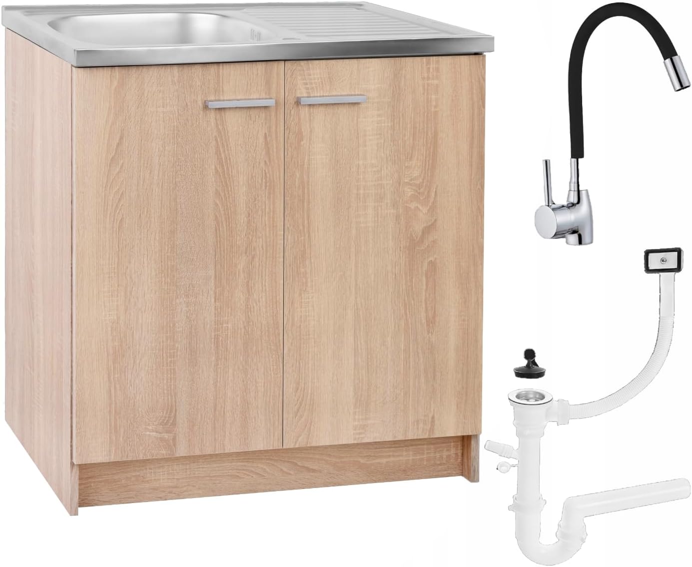 Spülenschrank Küchenschrank 80cm Sonoma Spüle Abtropf Armatur Schwarz Elastisch XXL Standschrank 46cm Tiefe Siphon Geschirrspüler Komplett Montagefertig