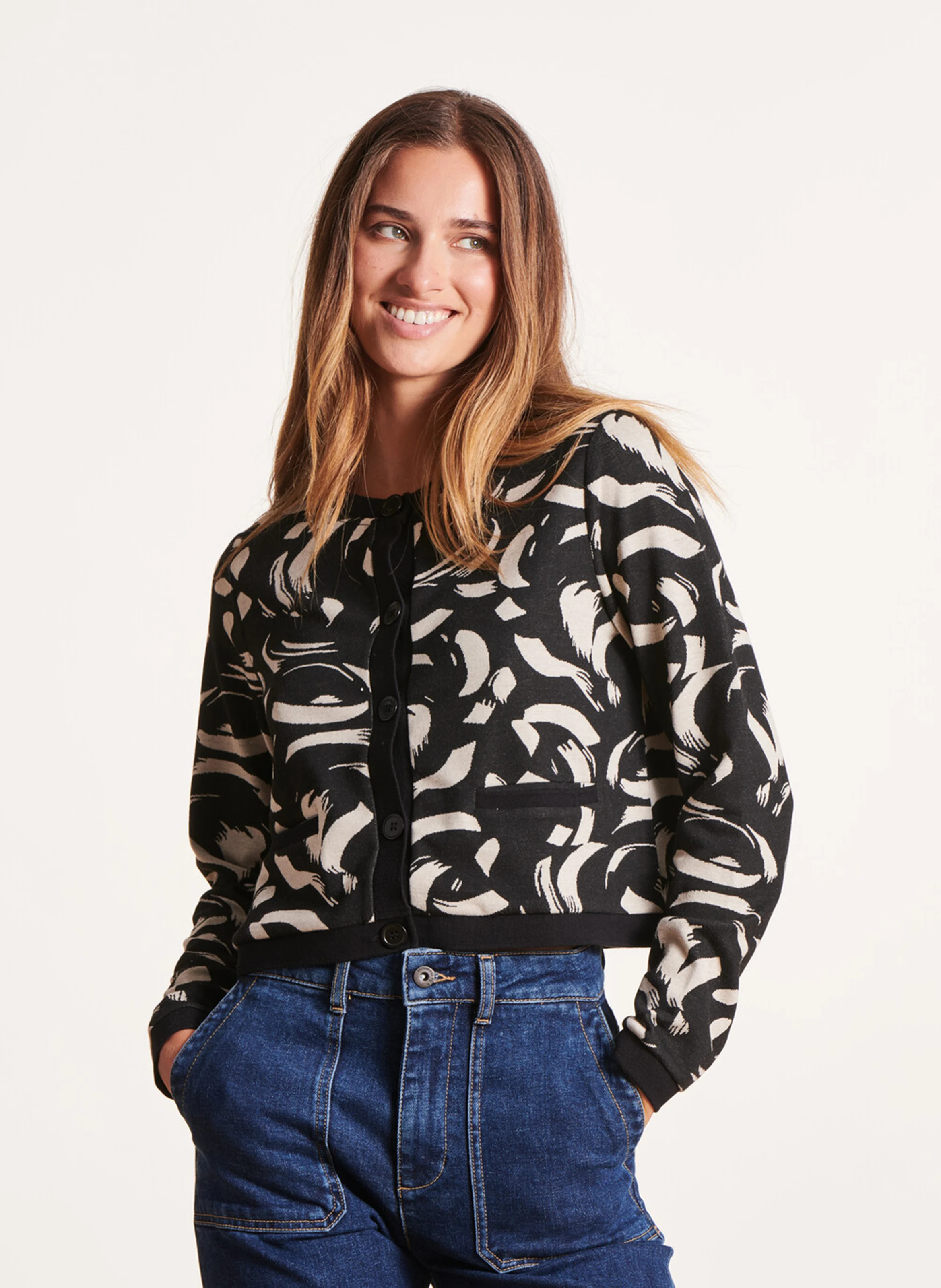 Gilet col rond droit imprimé | Noir