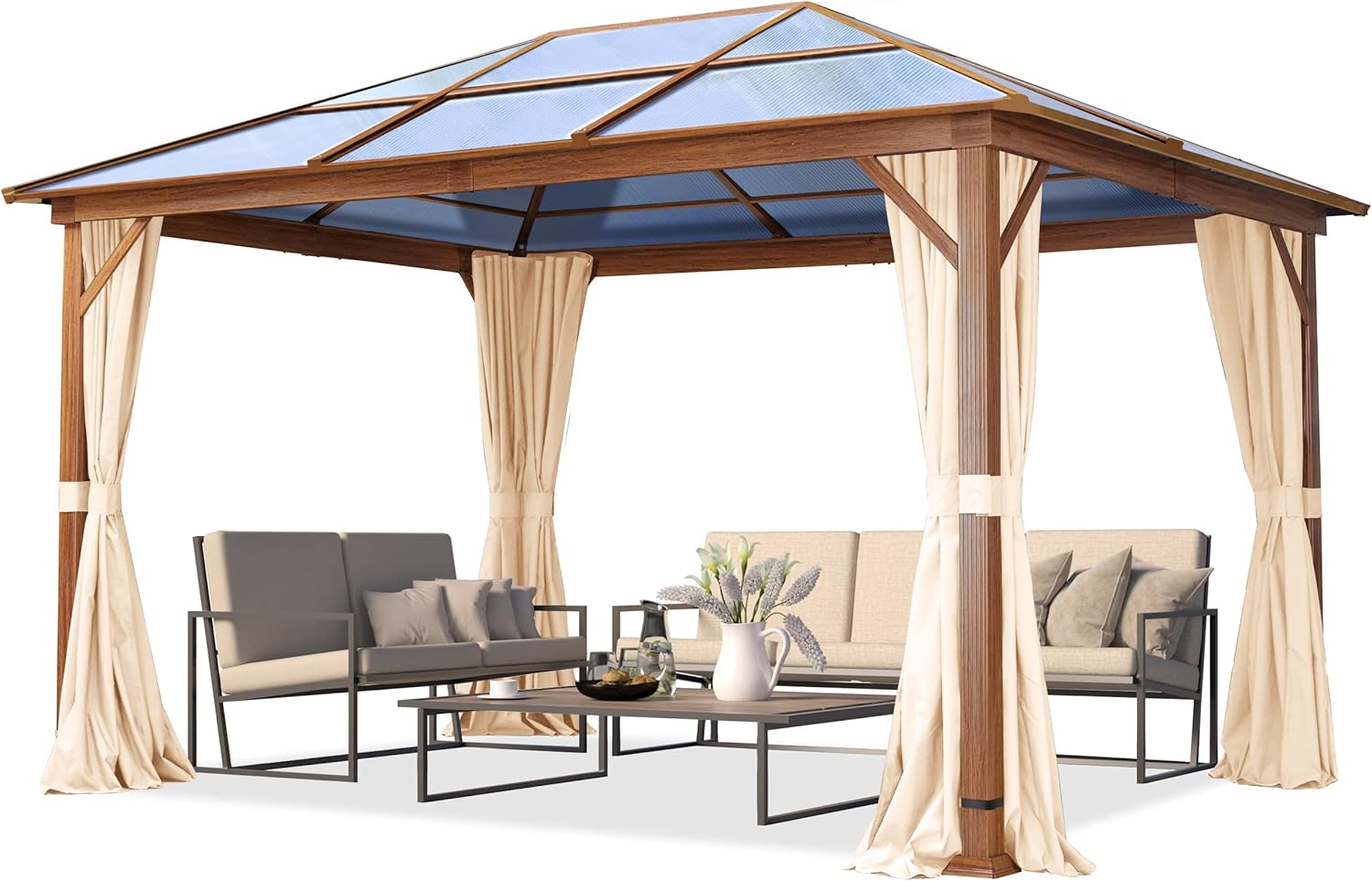 TOOLPORT Gartenpavillon 3x4 m Holzoptik, ca 8 mm Polycarbonat-Dach, 4 Seitenteile in Champagner