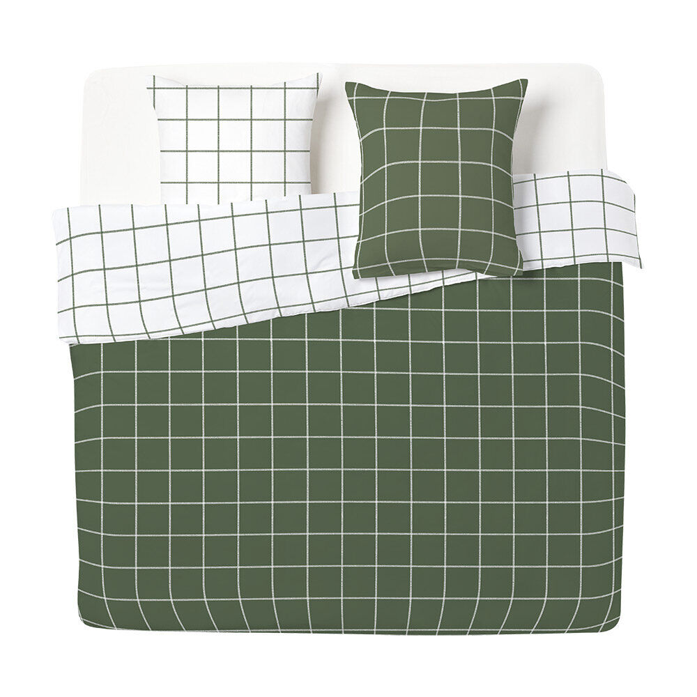 Parure de lit 2 personnes 260x240cm réversible quadrillage vert et blanc