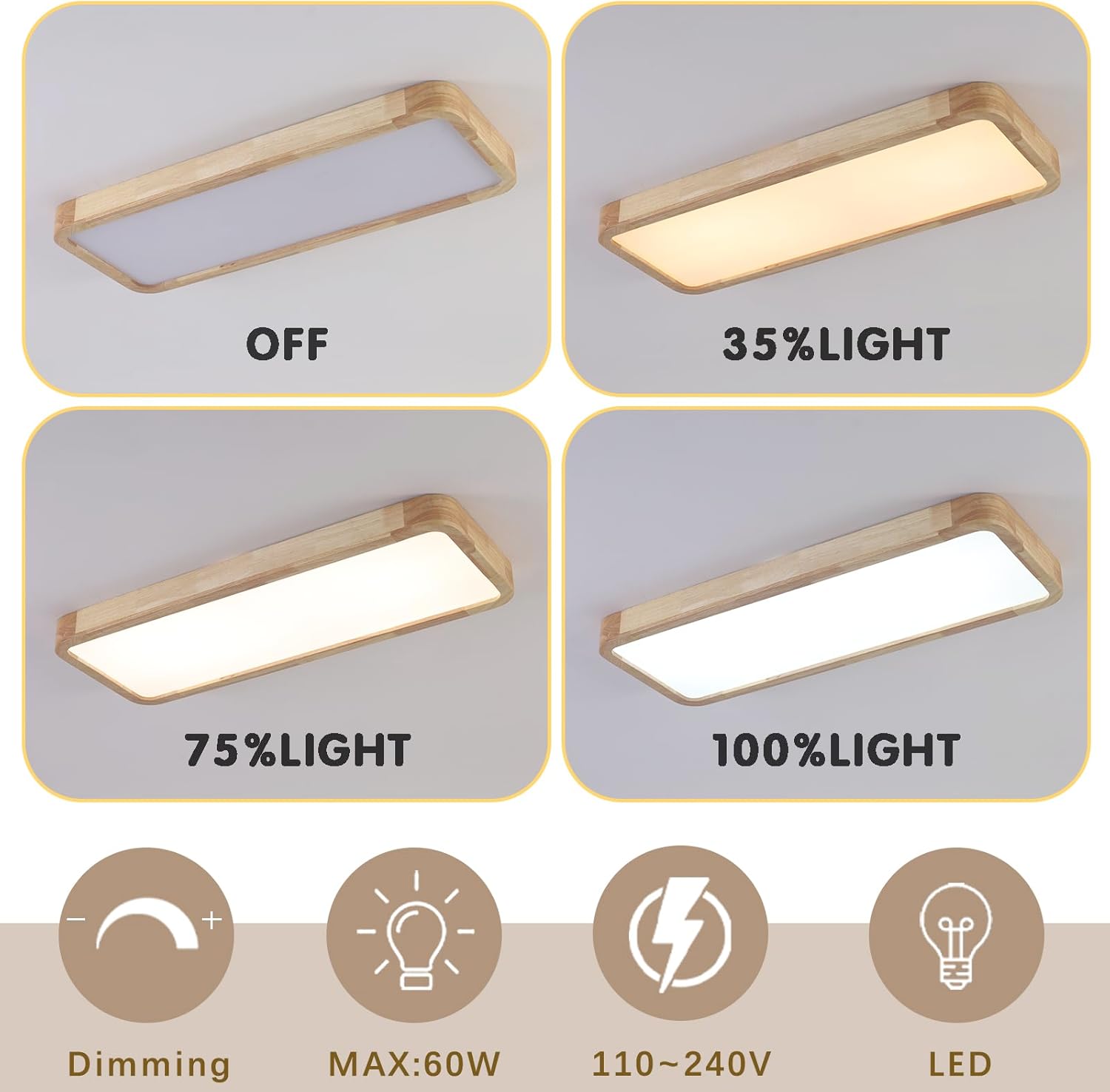 LED Deckenleuchte Holz,100 * 30Cm Modern Deckenlampe 40W KüChe Lampe,Dimmbar Mit Steuerung,Groß Deckenlampe Wohnzimmer FüR Schlafzimmer BüRo