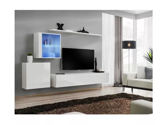 Ensemble meuble salon mural SWITCH XV design, coloris blanc brillant.