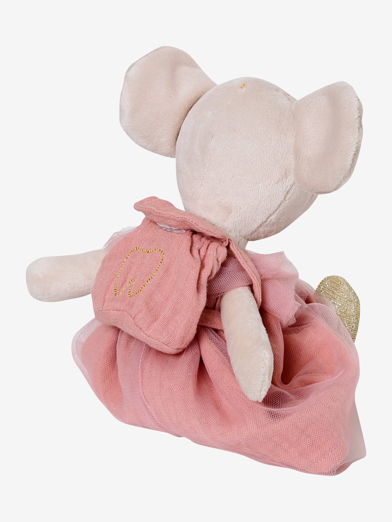 Boneca ratinha e sua mochila para guardar dentinho de leite, tamanho médio, branca lisa com estampas.
