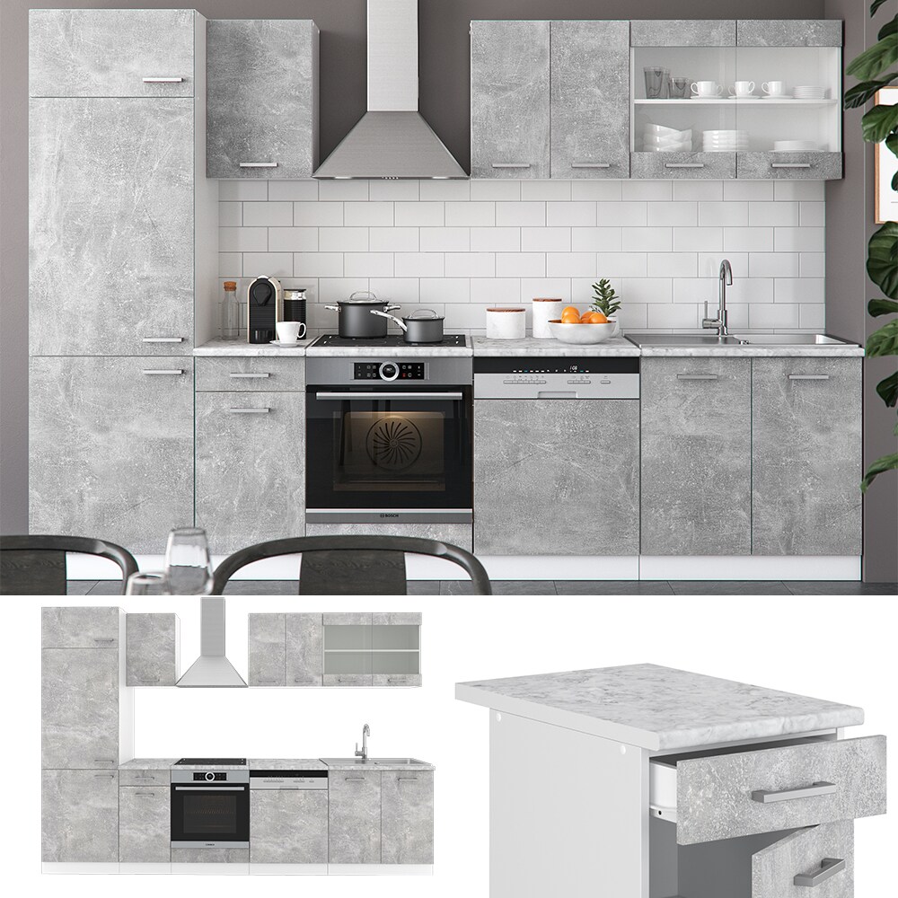 VICCO KÜCHE R-LINE 300 CM KÜCHENZEILE KÜCHENBLOCK EINBAUKÜCHE BETON MIT ARBEITSPLATTEN