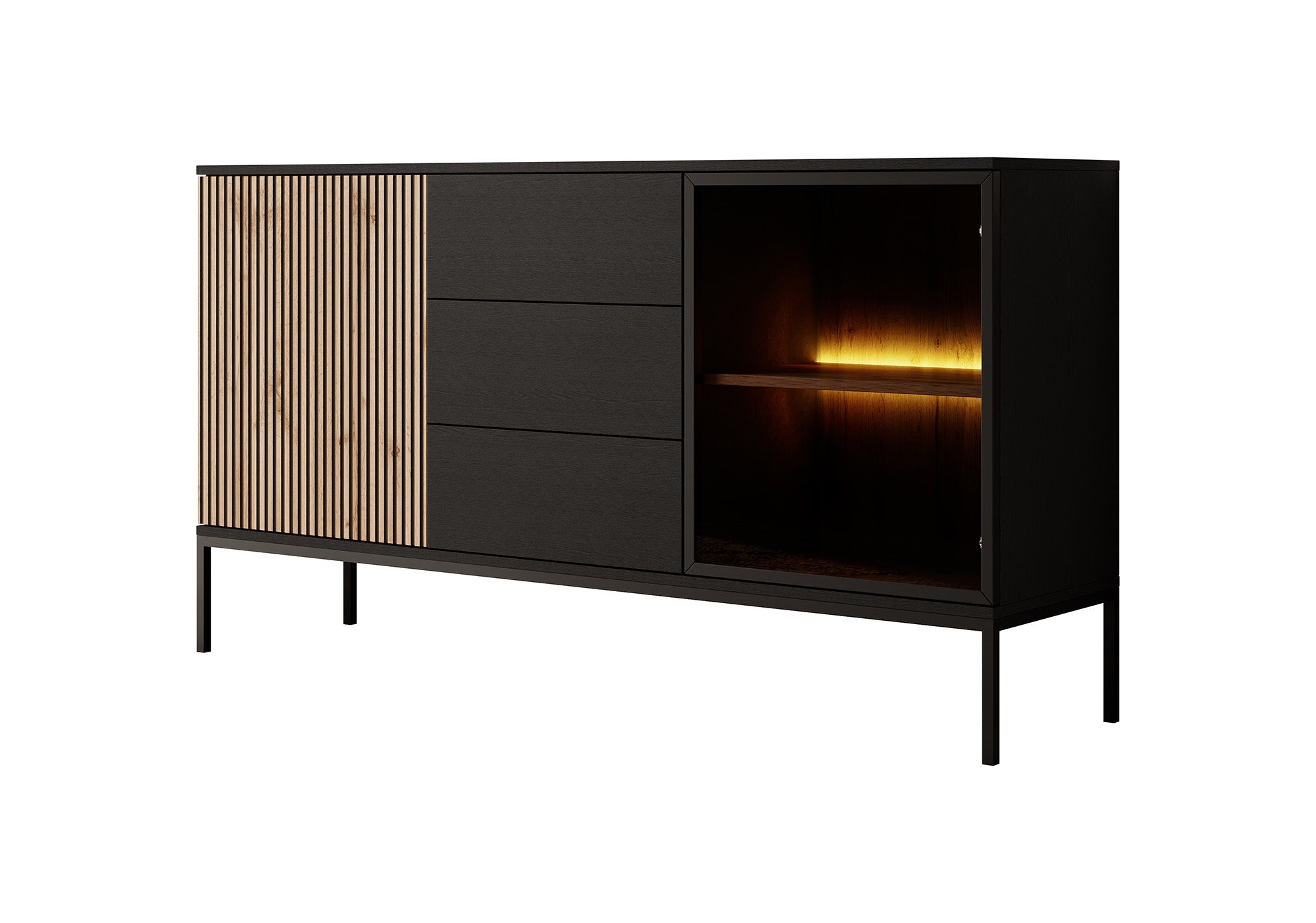 Meubella - Dressoir Legend - Mat zwart - Eiken - 154 cm met lades