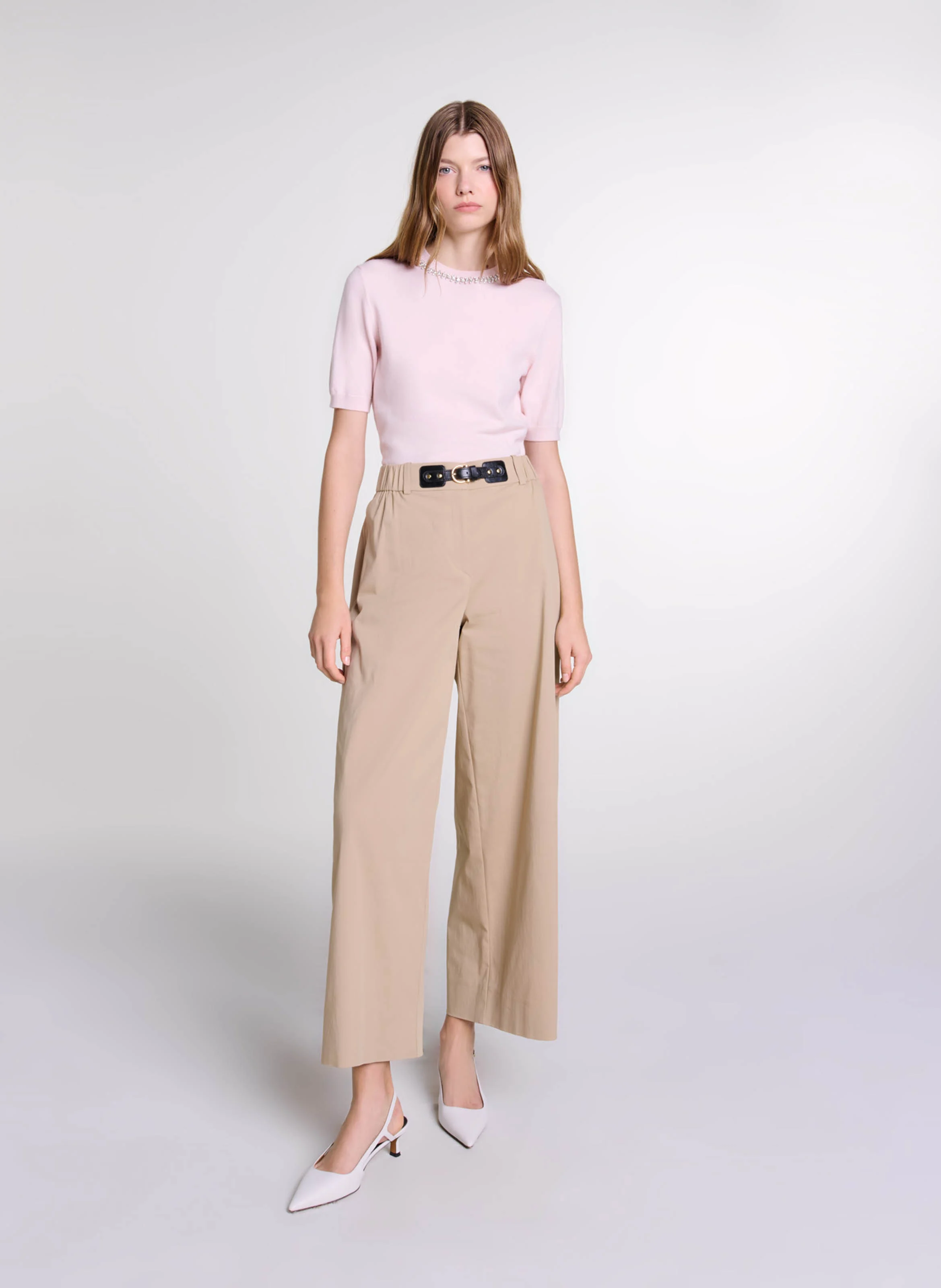 Pantalon large en coton mélangé | Beige