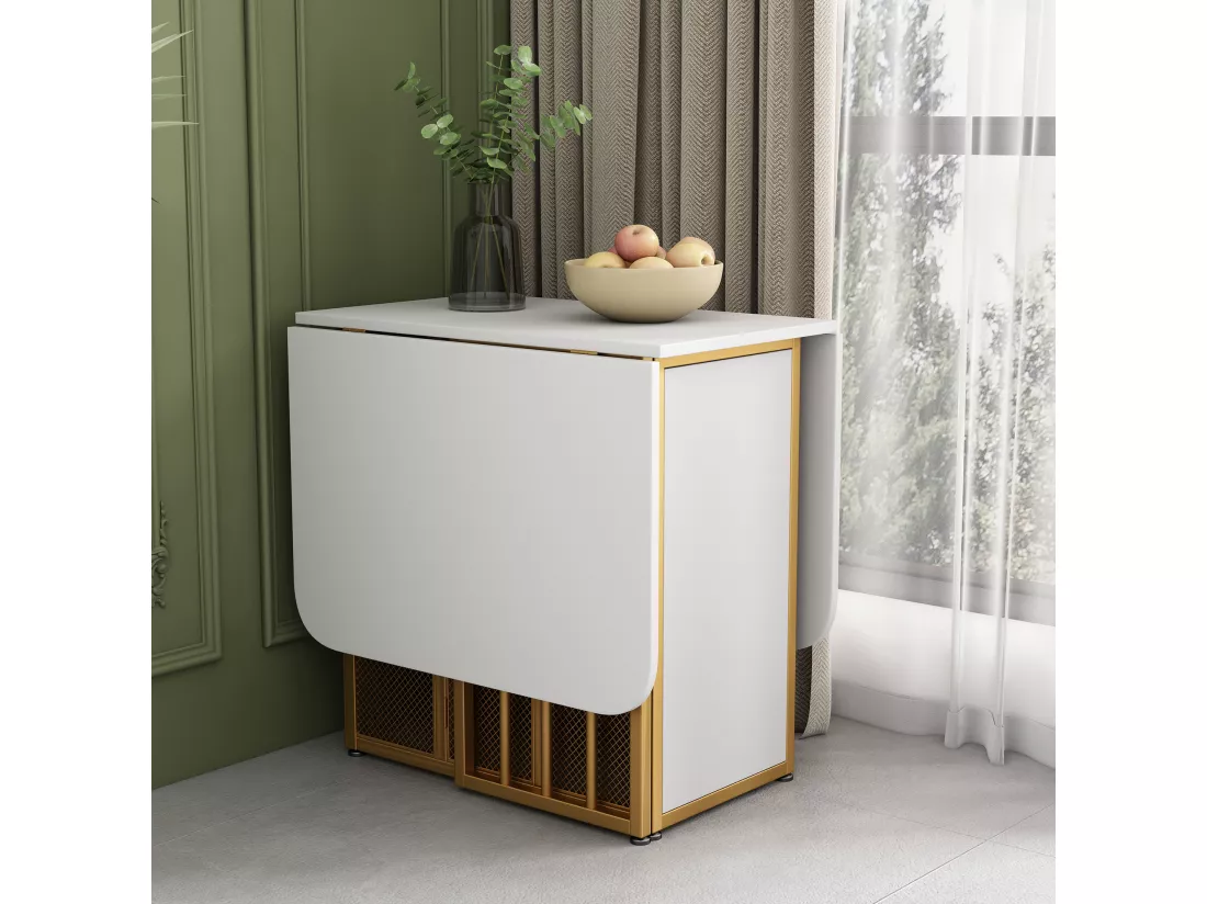 Table à Manger Rectangulaire 4 à 6 Couverts avec 2 Etagères - Panneaux de Particules - Pièds en Métal Doré - Blanc