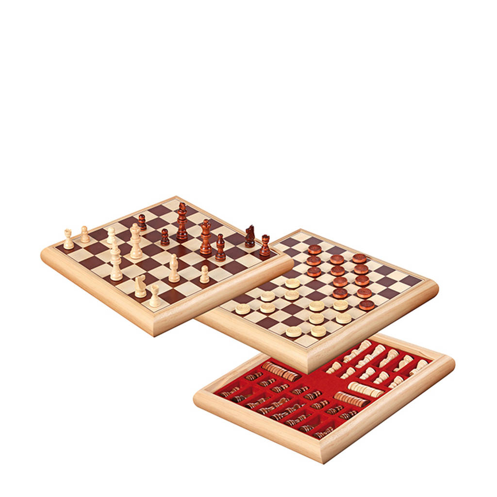 houten schaak-dam set 32x32cm Houten schaak-/damset (32x32 cm)