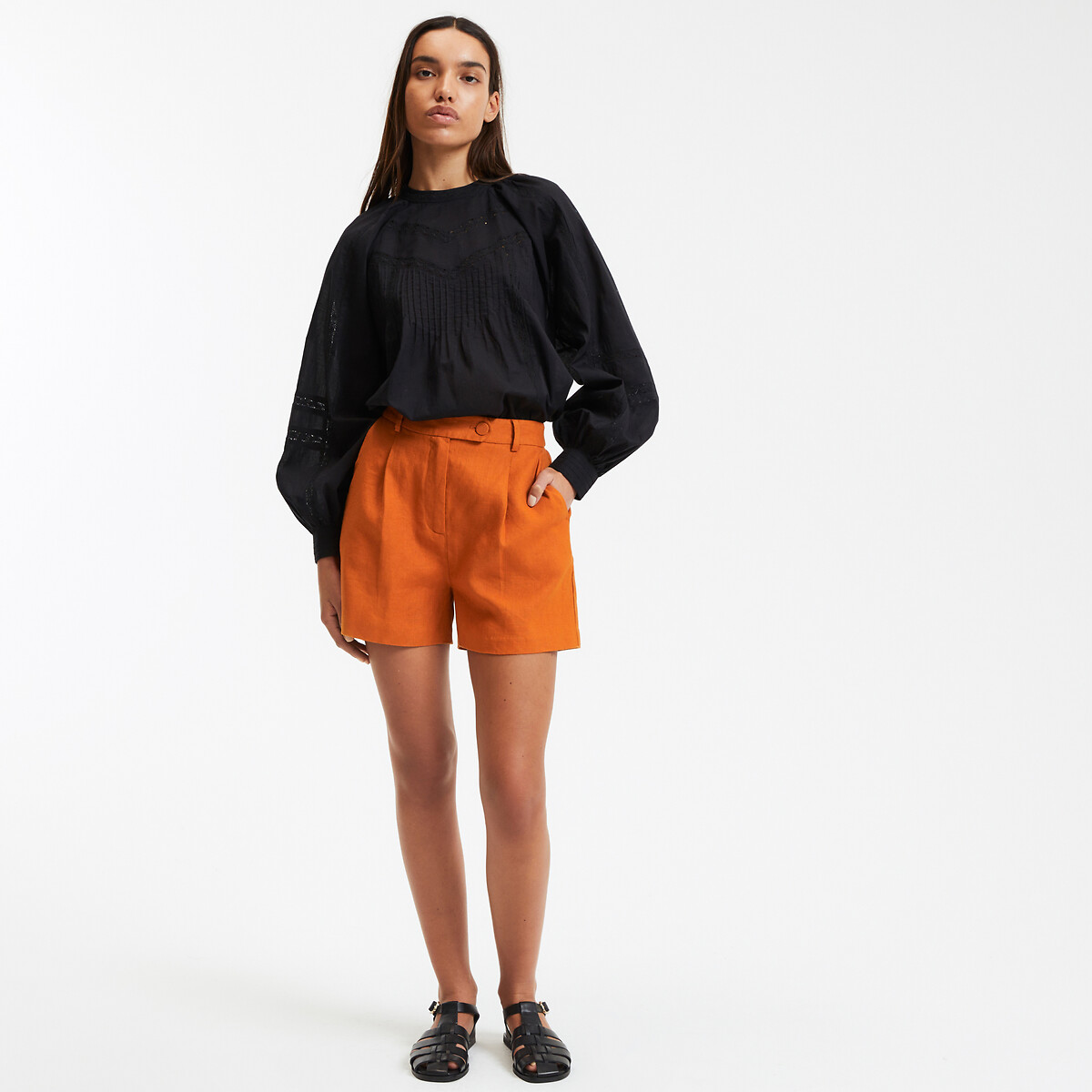 COLEÇÕES LA REDOUTE<br>Blusa com gola redonda, voile de algodão e bordado