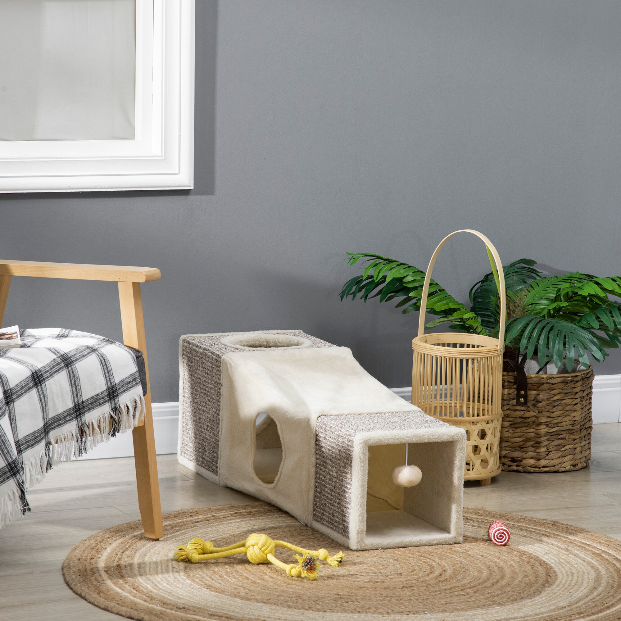 PawHut Katzentunnel mit Spielball grau, natur 98L x 30B x 30H cm