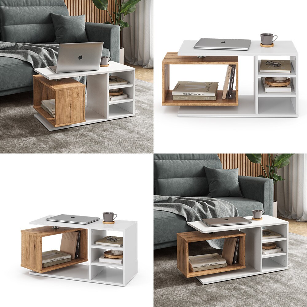 Vicco Couchtisch Rafi, 88x40x35cm, Weiß, Wohnzimmertisch mit drehbahrem Fach