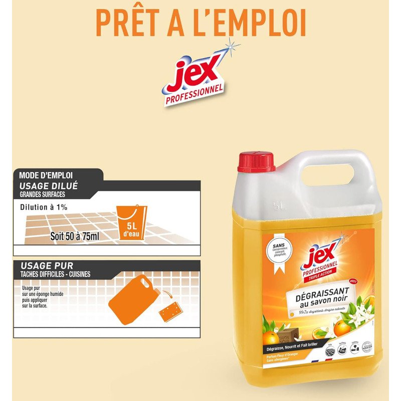 Dégraissant Triple Action au savon noir et à la fleur d'Oranger Jex professionnel - Bidon de 5 L