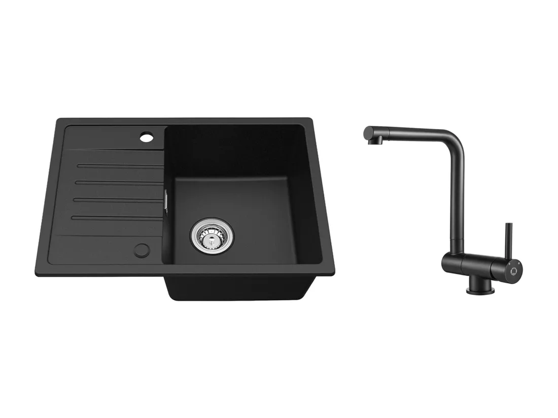 Noir Evier à Encastrer 1 Bac avec Egouttoir, Quartz et Résine, 65x45cm + Mitigeur de Cuisine Rabattable Noir