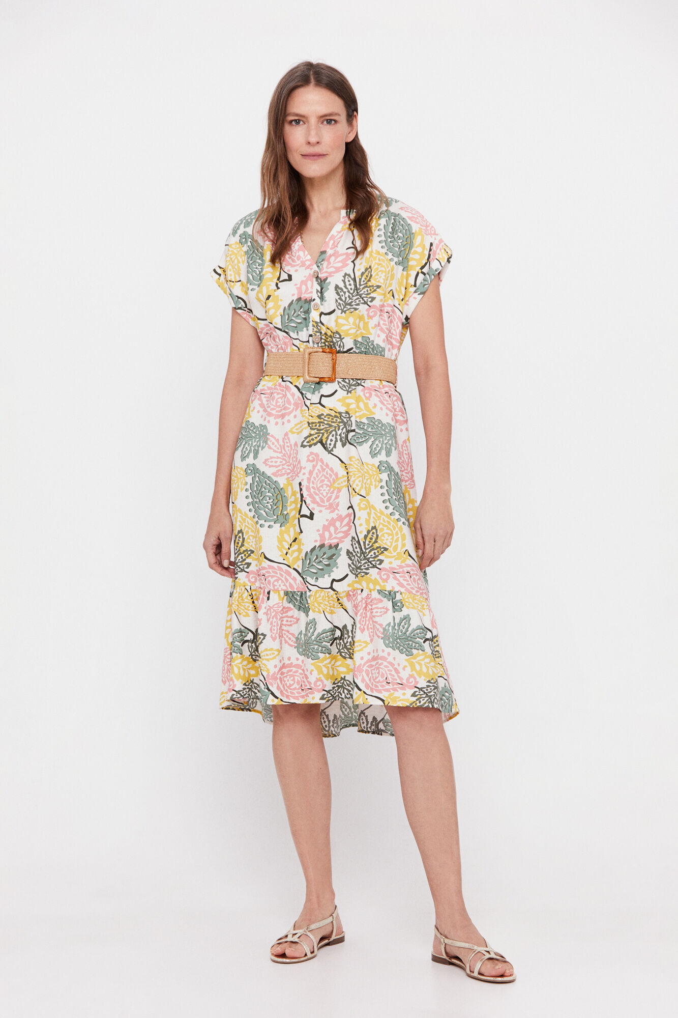 Vestido confortável com cinto - Estampa branca