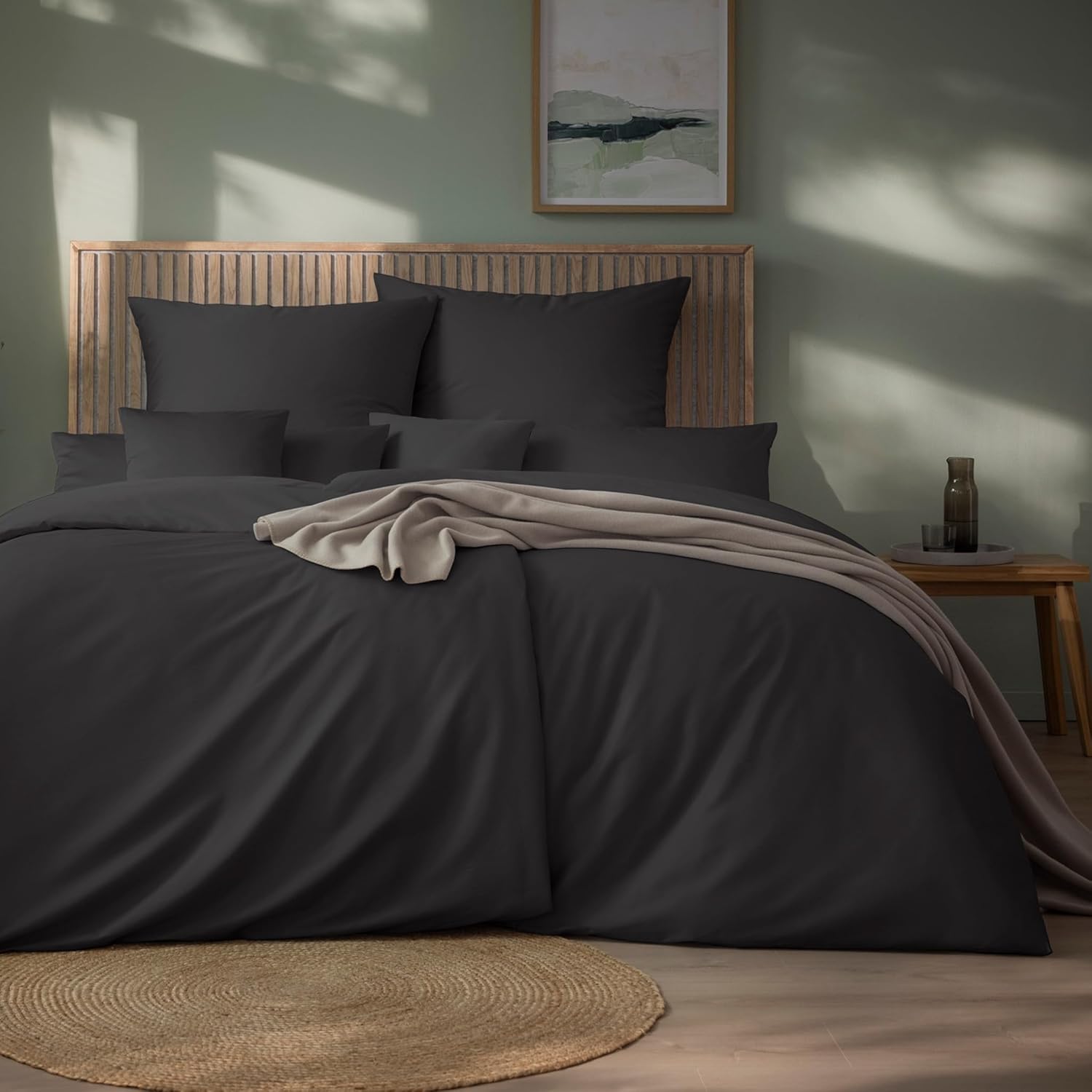 ESTELLA Mako Satin Bettwäsche Set Uni - 100% Baumwolle - trocknerfest - Garantie Reißverschluss - 155x220 cm + 80x80 cm - Farbe: Anthrazit