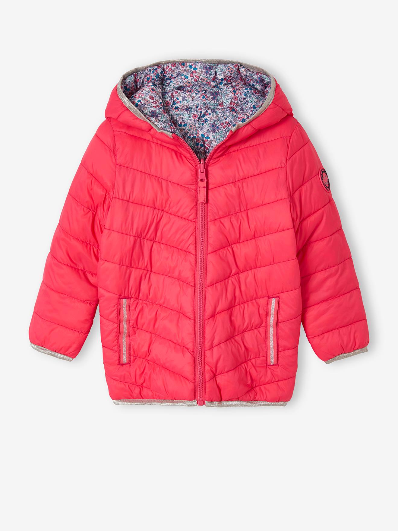 Jaqueta reversível leve com capuz para meninas, estampa rosa vibrante.