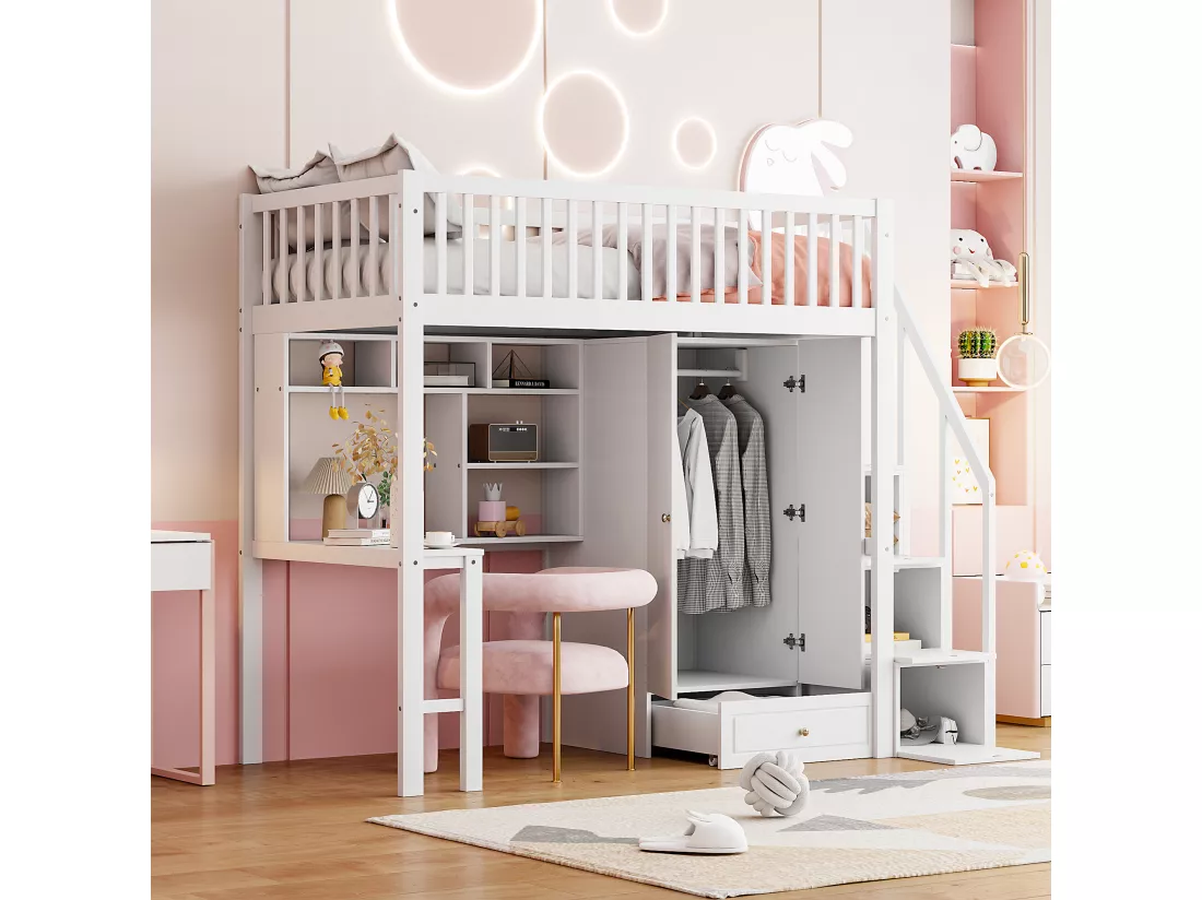 Lit mezzanine 90 x 200 cm avec grande armoire, bureau, bibliothèque, escalier et tiroirs, tout-en-un, Bois MDF, Blanc