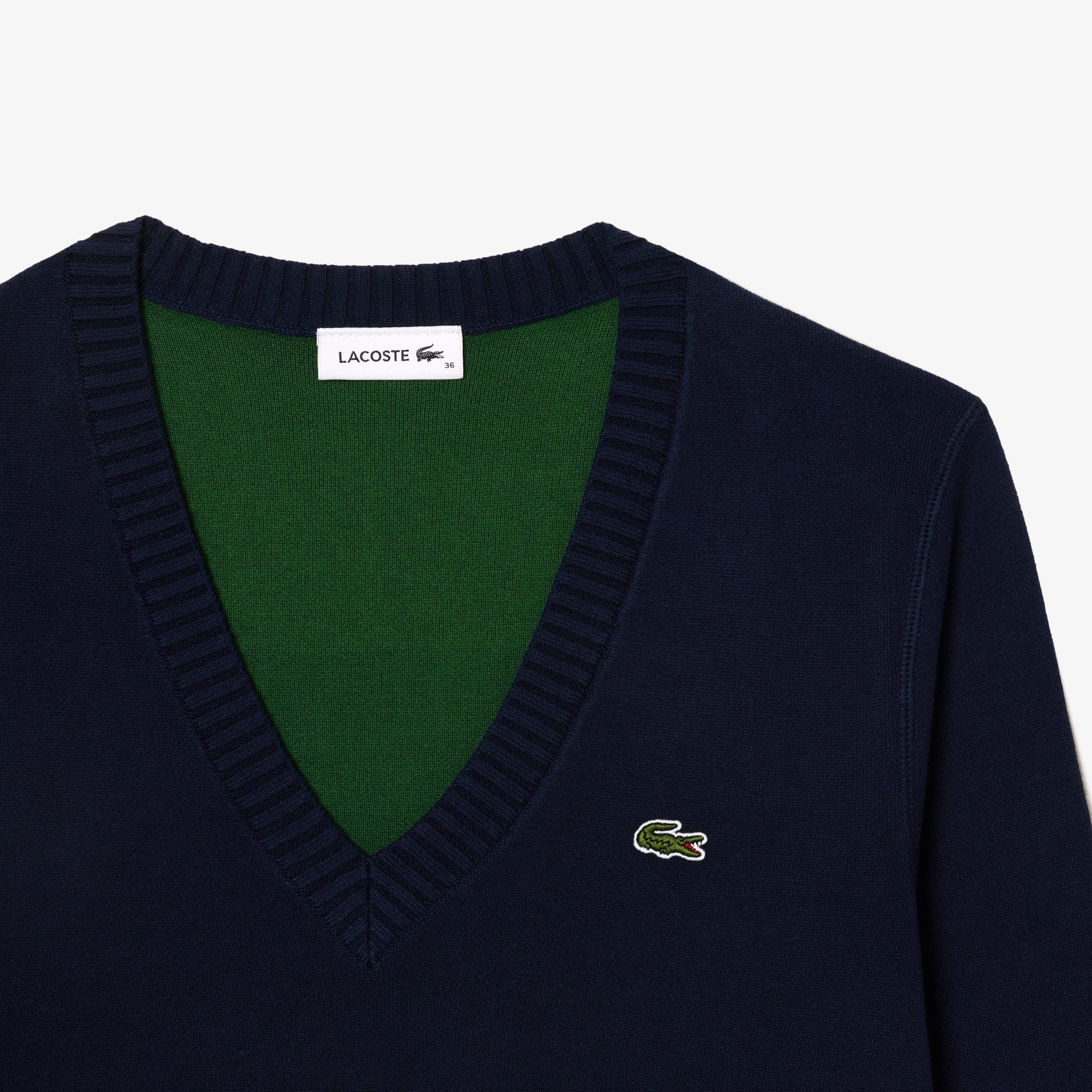 Pull col V en double face de coton Pullovers - Bleu - Lacoste - Femme