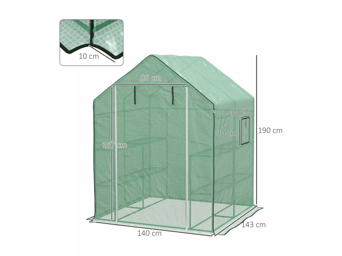 Serre de jardin 4 tablettes dim. 1,4L x 1,43l x 1,9H m porte déroulante fenêtre acier PE haute densité vert