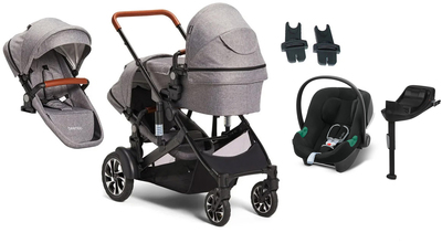 Beemoo Maxi 4 Twin Søskenvogn Inkl. Søskensete & Cybex Aton B2 Babybilstol & Base, Grey/Volcano Black