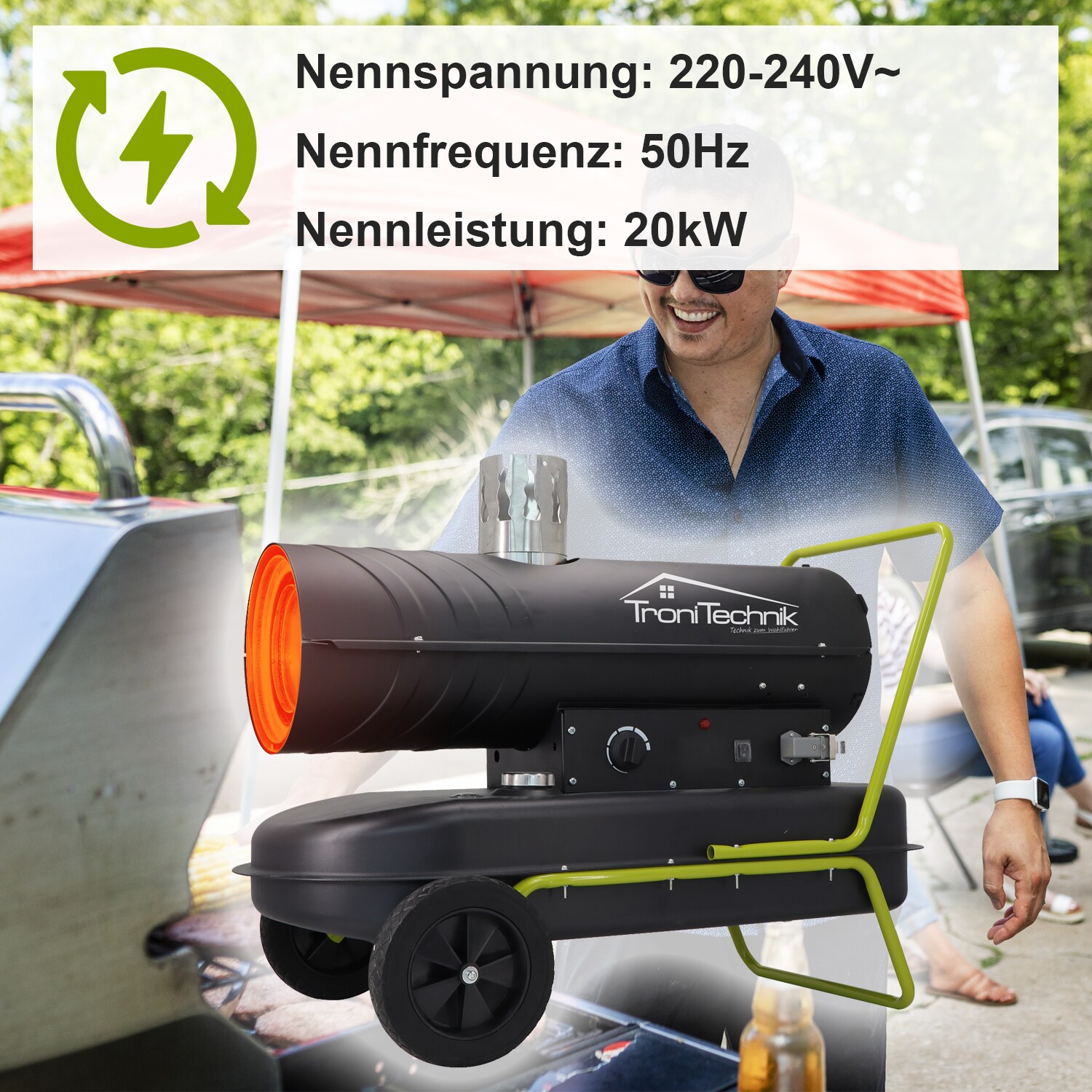 TroniTechnik® TT-HK-244 Heizkanone Dieselkanone Heizlüfter 20kW mit Handgriff, Rohrrahmen, Rädern und Abluftauslass
