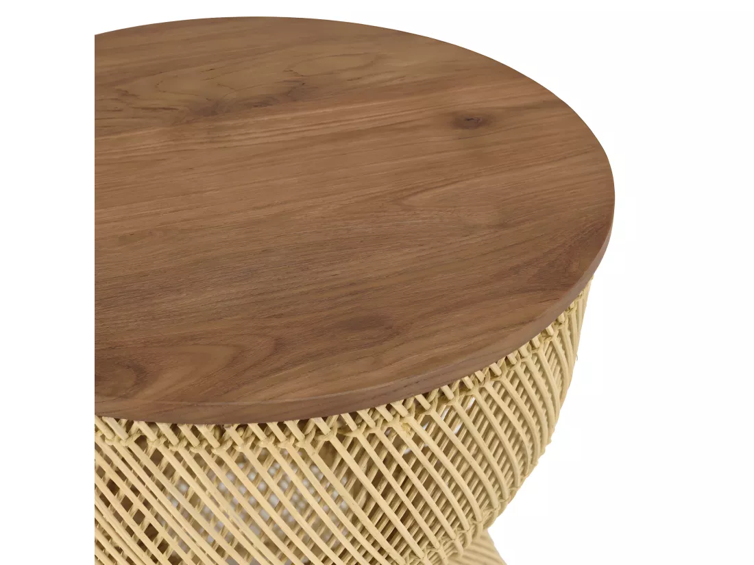 ALIDA - Table d'appoint en rotin beige plateau en bois teck recyclé