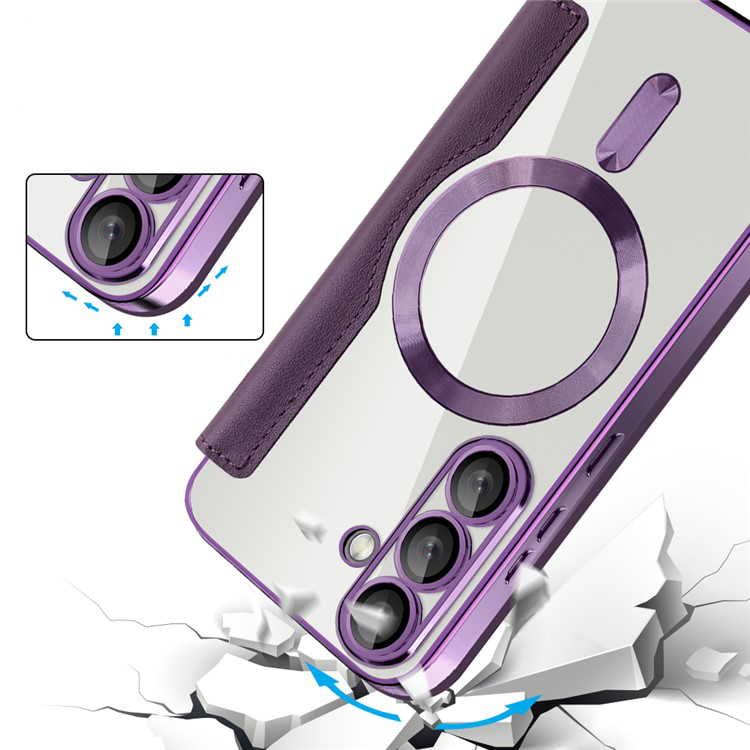 Samsung Galaxy S25 Hybrid Leder Tasche   Kunststoff Rückseite MagSafe-Modul (RFID Schutz) - Violett / Transparent