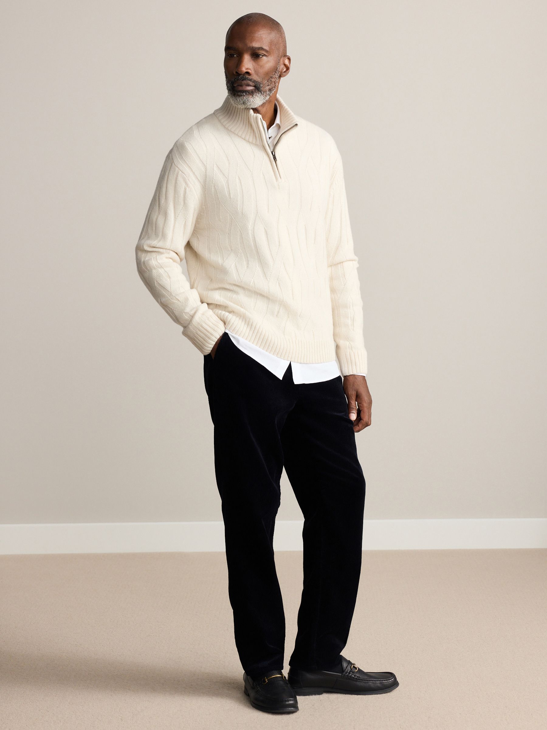Ecru wit - Regular Fit Signature 100% Lambswool Cable Quarter Zip Neck Jumper