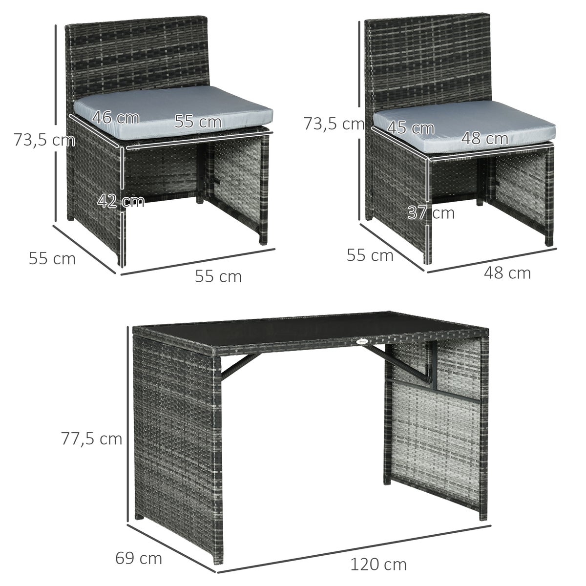 Outsunny 5-delige polyrattan tuinmeubelset, 120L x 69B x 77,5H cm, staal, grijs
