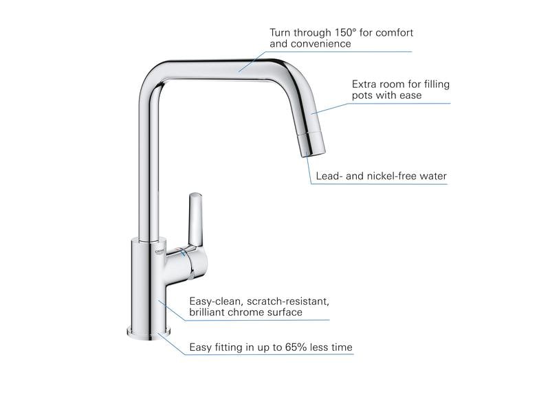 GROHE Küchenarmatur QuickFix Start Hoher Auslauf Mit FastFixation für eine einfache Montage, schwenkbarer C-Auslauf