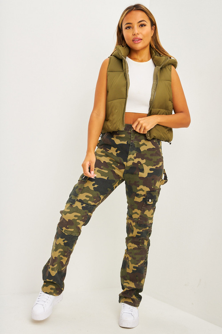 Jeans droit poches cargo camouflage kaki
