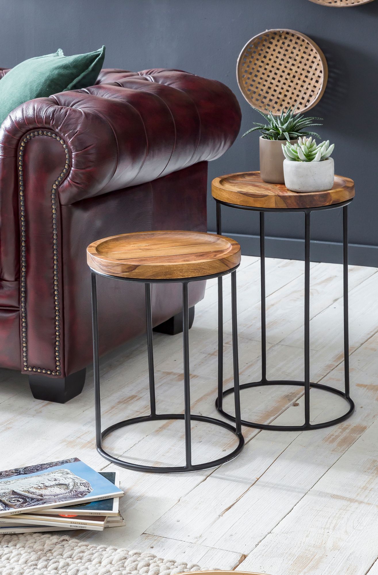 FineBuy 2er Set Beistelltische FB51458 Sheesham Holz Metall Tisch Couchtisch