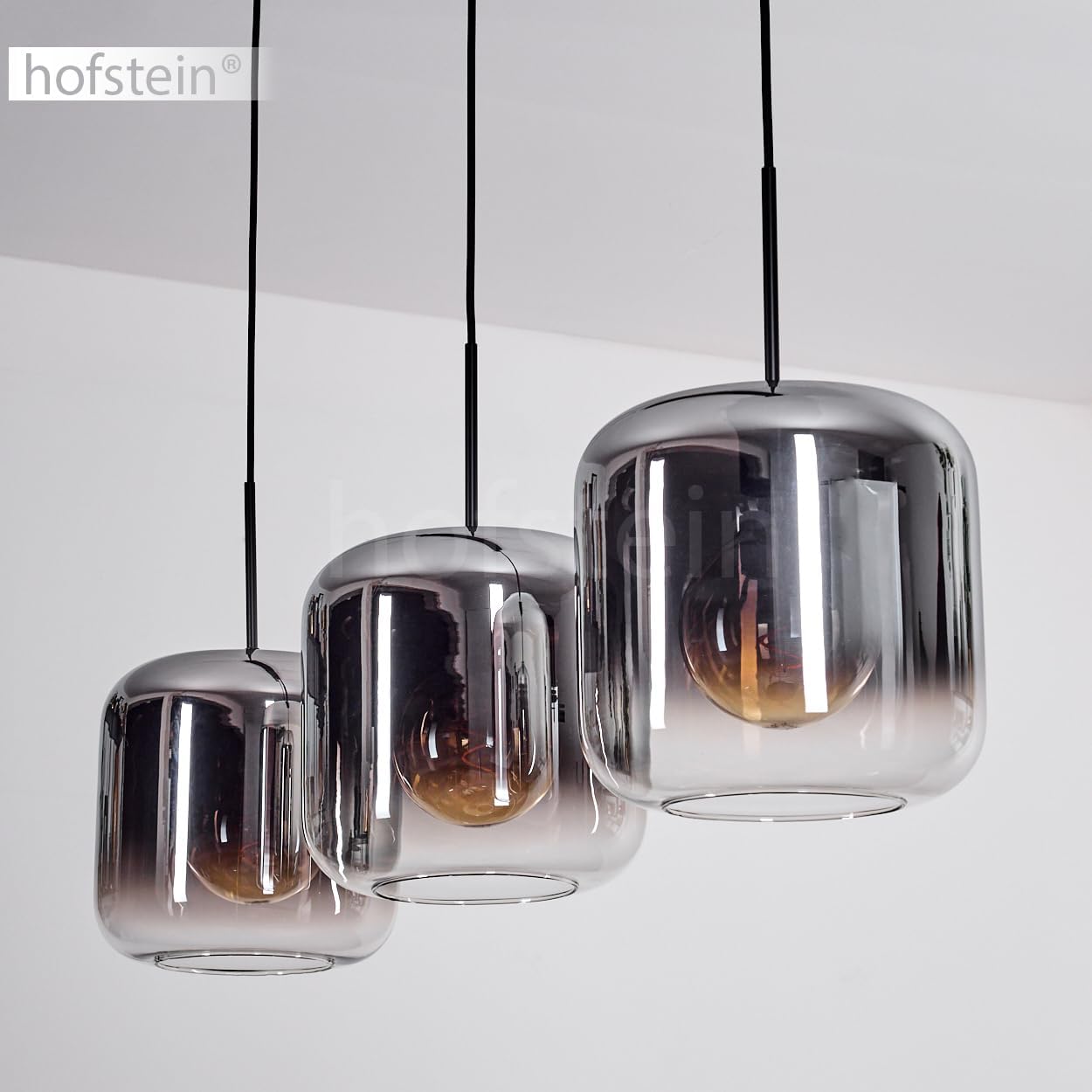 Hängeleuchte Lauden, Hängelampe aus Metall/Glas in Schwarz/Chrom-/Bernsteinfarben, Leuchte im modernen Retro/Vintage-Design mit Schirmen aus Glas (Ø 25 cm), Höhe max. 152 cm, 3x E27, ohne Leuchtmittel