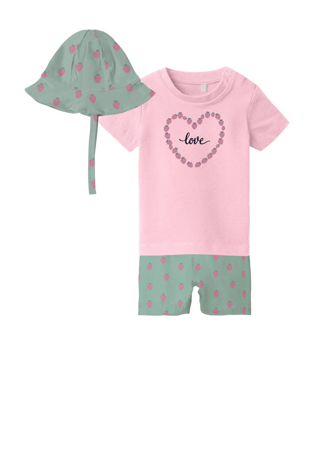 NAME IT T-shirt + korte broek + zonnehoed NBFVUBIE roze/groen