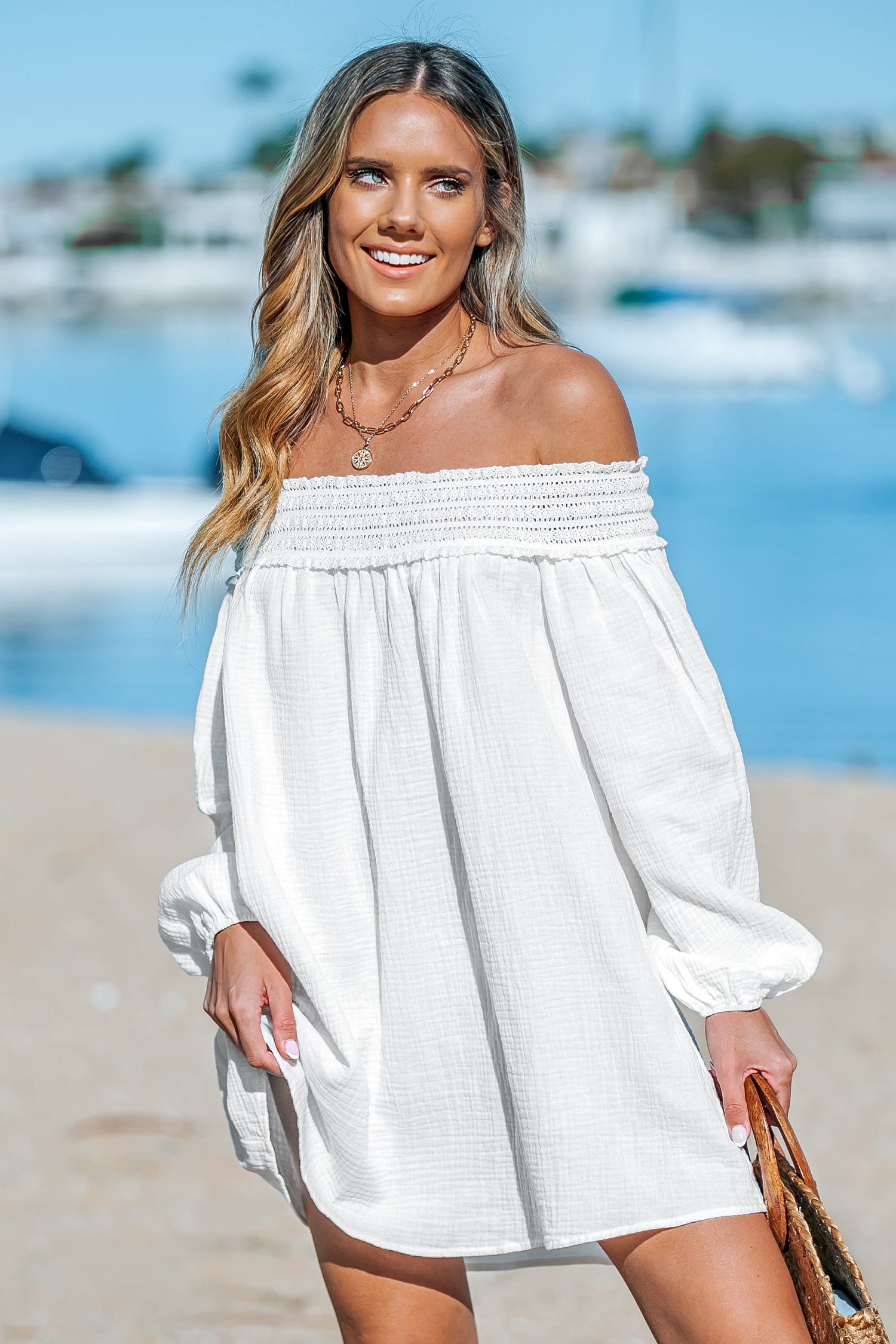 Robe cover up en pur coton à épaules dénudées blanche