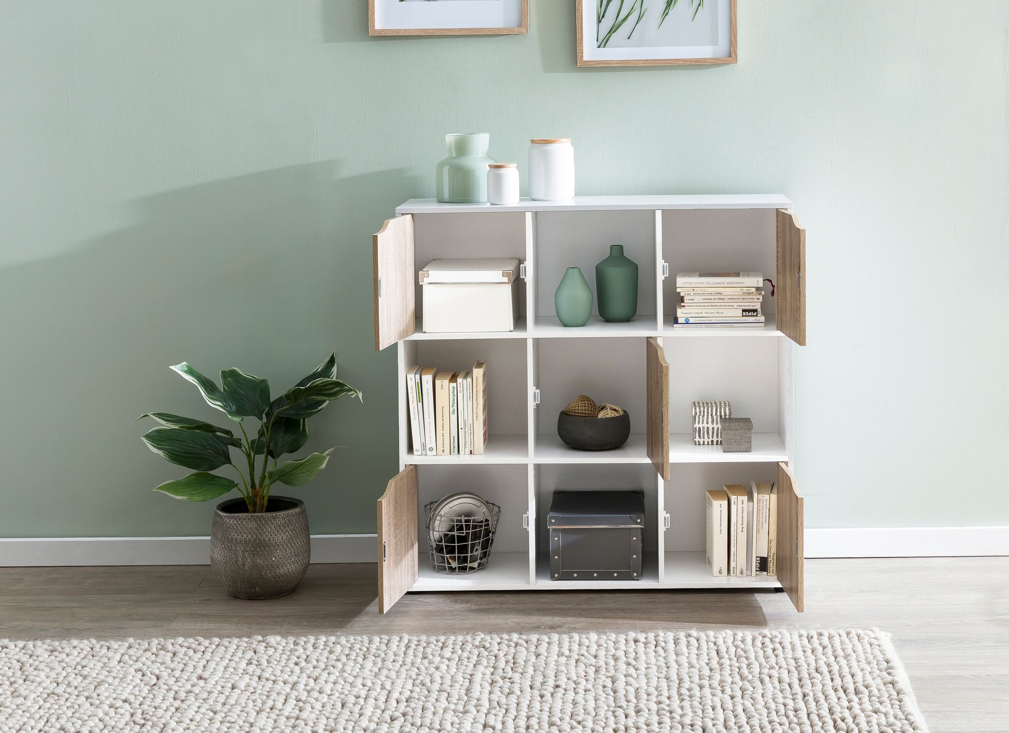 KADIMA DESIGN Standregal mit 9 Fächern, Weiß/Sonoma, Stauraum für Bücher/Dekoration, 89x91x29 cm.