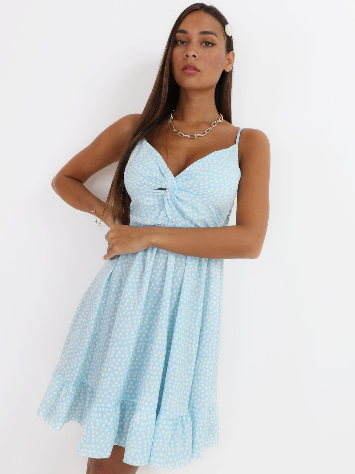 Robe cache-coeur à pois- Bleu clair